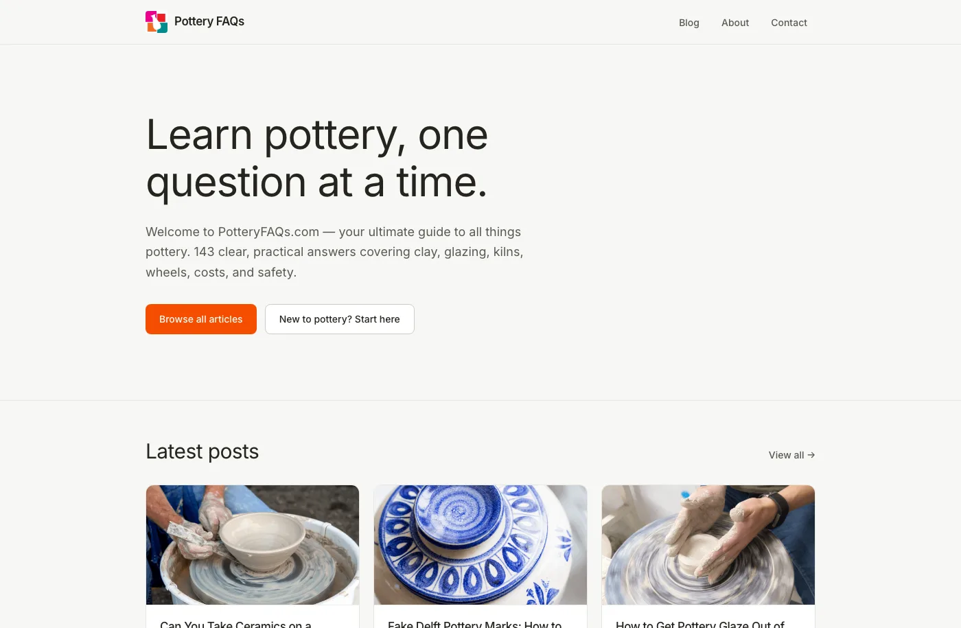 Pottery FAQs website screenshot